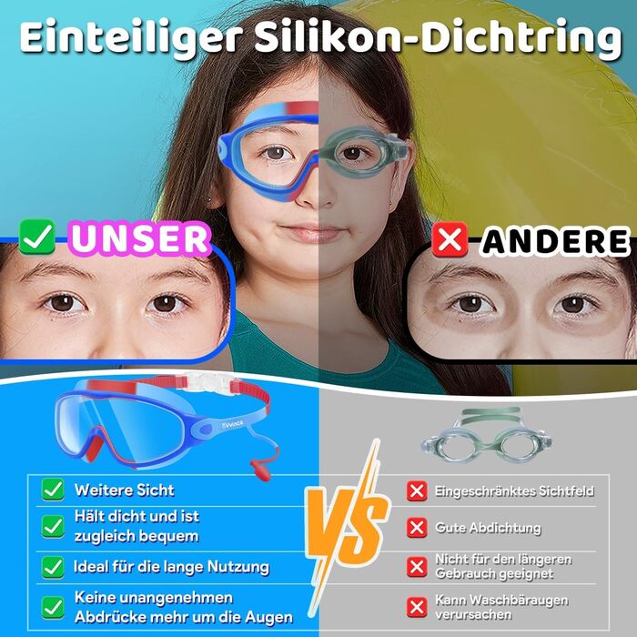 Дитячі окуляри для плавання Vvinca з носовими затискачами, широким оглядом, захистом від запотівання та UV-фільтром, водонепроникні, для дітей 3-14 років (2 шт. - блакитно-червоний та блакитно-жовтий)