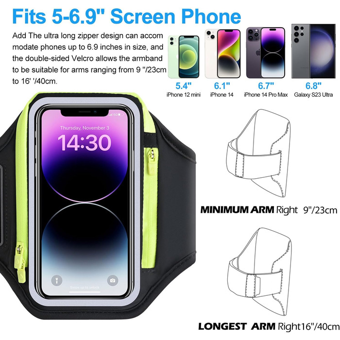 Спортивний браслет для телефону з кишенею для навушників, чорний. Сумісний з iPhone 17, 16, 15. Тримач для телефону 6.9 дюймів для бігу та фітнесу.