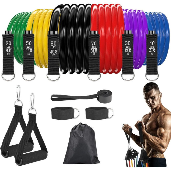 Набір еластичних стрічок для фітнесу, 6 шт. з ручками та фіксаторами для тренувань, силових вправ, м'язів та пілатесу, для чоловіків та жінок