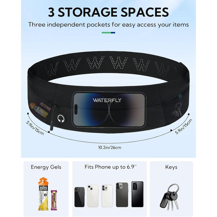 Поясна сумка WATERFLY для бігу та фітнесу: тримач для телефону на пояс для чоловіків та жінок, чорний