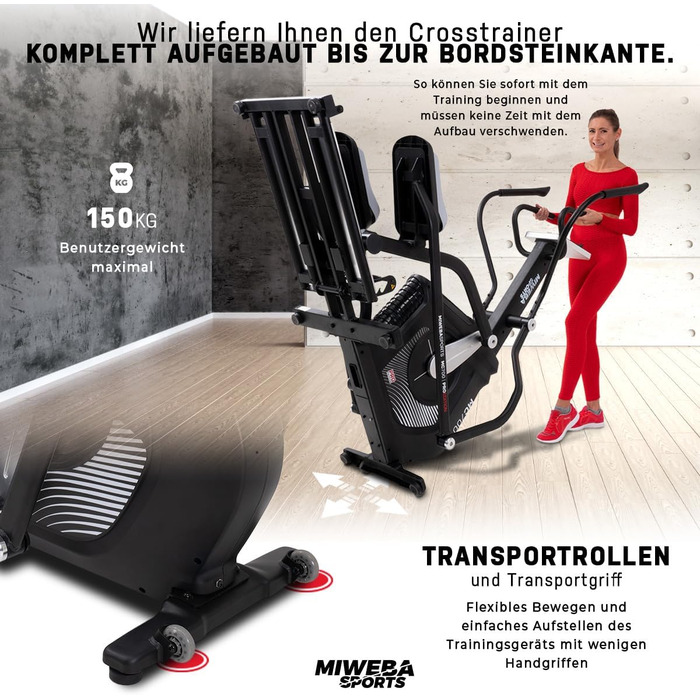 Еліптичний тренажер Miweba Sports MC700 з додатком, електричний орбітрек 30 кг маховик, до 150 кг, домашній ергометр з пульсометром