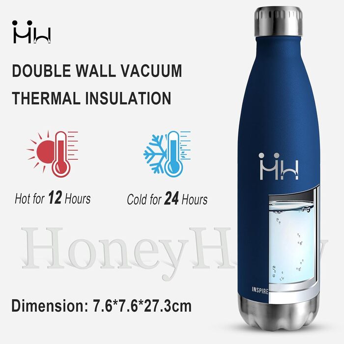 Термобутилка для води HoneyHolly з нержавіючої сталі 500 мл, двостінна пляшка для дітей, спорту та фітнесу, BPA-free, темно-синя
