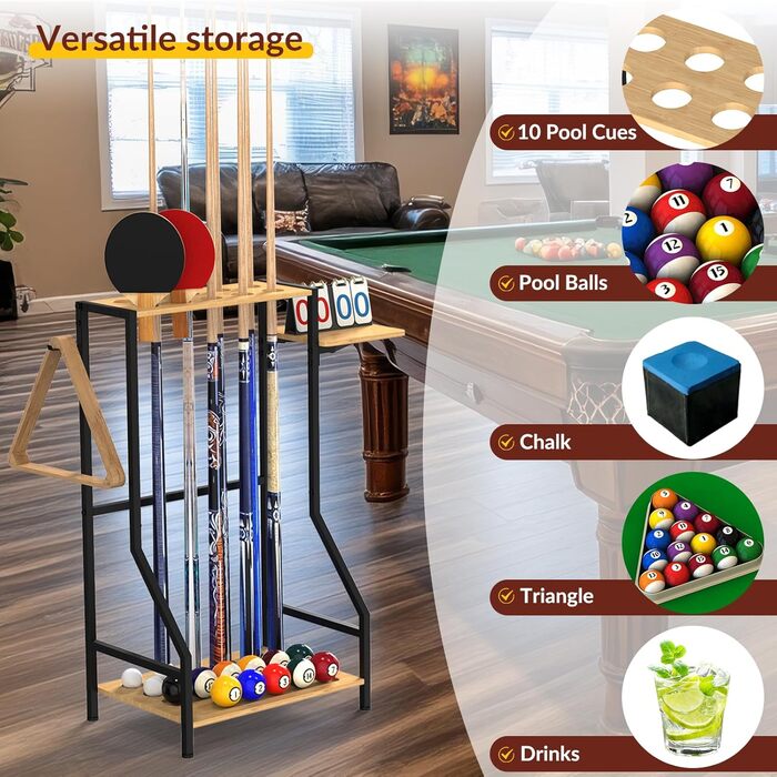 Стійка для більярдних київ YBING: тримає до 10 київ, бамбукова, з невеликою поличкою