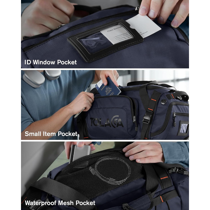 Спортивна сумка-рюкзак Tolaccea для чоловіків та жінок – велика дорожня сумка з відділенням для взуття, мокрою білизною та ноутбуком (15,6') – водонепроникна сумка-мішок для відпочинку, фітнесу, спорту та подорожей (Темно-синій, 40L)