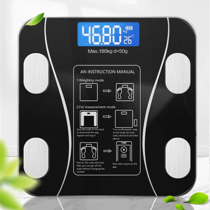 Цифрова вага для тіла з Wi-Fi та Bluetooth, вимірювання жиру, USB-зарядка, чорний колір