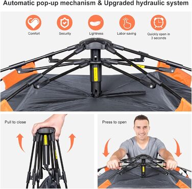 Намет Amflip для кемпінгу на 2 особи: автоматичний, миттєвий, куполоподібний, 4 сезони, водонепроникний, вітростійкий. Знімний зовнішній тент для сім'ї, сірий