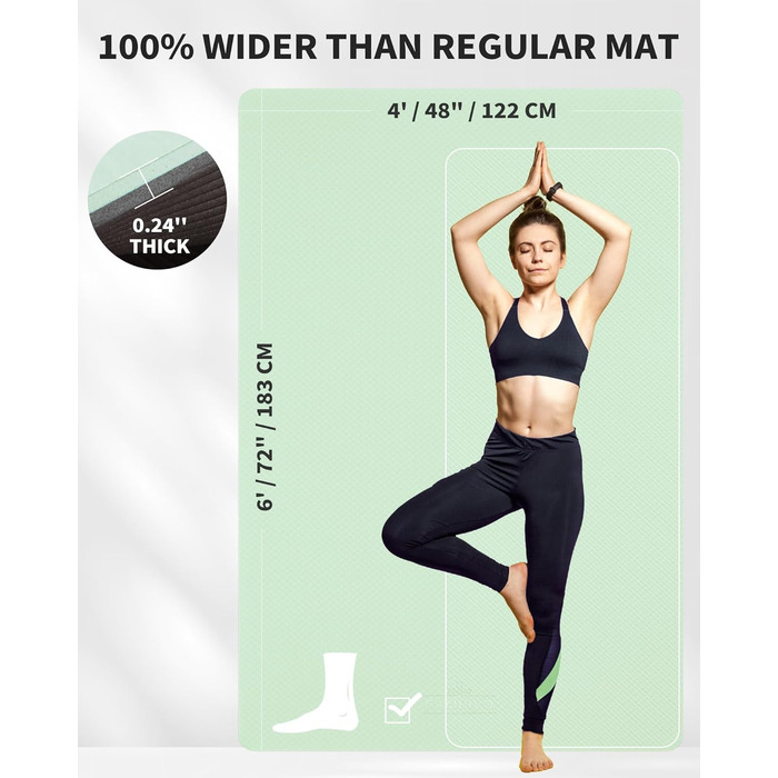 Килимок для йоги CAMBIVO XXL 183x122 см, товщина 6/8/10/12 мм, неслизький, TPE, для фітнесу, пілатесу, гімнастики, з рушником (183*122*0.6 см, м'ятний)