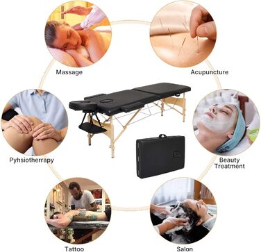 Мовбільна масажна кушетка Mondeer з 2 зонами, регульована по висоті, складана з дерева, для салону краси, з підголовником та підлокітниками, чорна