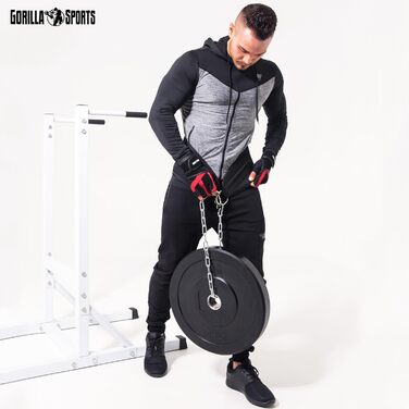 Гірчичний пояс для підтягувань GORILLA SPORTS® зі сталевим ланцюгом та 2 карабінами, до 100 кг, нейлон, чорний - для важкої атлетики та тренувань