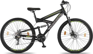 Гірський велосипед Licorne Bike Strong 2D Premium 29 дюймів для підлітків і дорослих, дискові гальма, 21 швидкість, повна амортизація, чорний/лайм