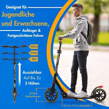 Міський ролер SereneLife з великим колесом, регульована висота, складаний, з ручкою для перенесення, підставка та гальма, для дітей та дорослих до 100 кг (Камуфляж)