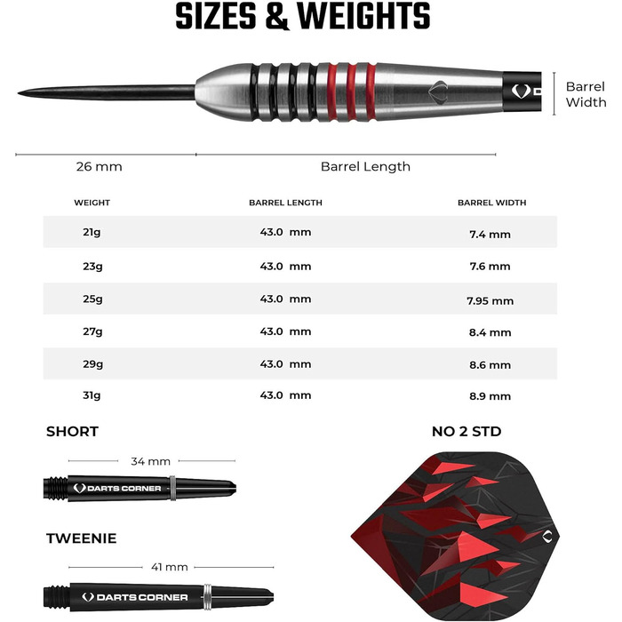 Набір дартсів Darts Corner Astrofire 21 г — 90% вольфрам, сталеві наконечники, 6 флайтів, 6 шафтів, кейс, картка, кільця