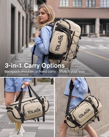 Спортивна сумка-рюкзак Tolaccea для чоловіків та жінок – велика дорожня сумка з відділенням для взуття, мокрою одежі та ноутбука (15,6'') – водонепроникна сумка-мішок для відпочинку, фітнесу, спорту та подорожей (Хакі, 40л)