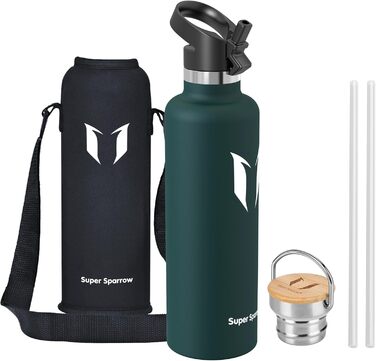 Фляга Super Sparrow з нержавіючої сталі - 350мл/500мл/620мл/750мл/1л - Термос-фляга, без BPA, для дітей, спорту, школи, фітнесу, з 2 кришками (1000 мл, нефрит)
