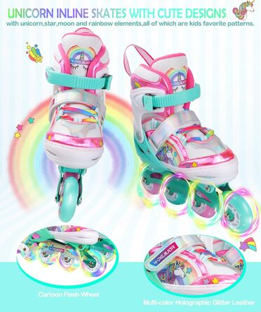Інлайнерочки Єдиноріг для дівчаток, дитячі ролики, розмір регулюється, світлові колеса, рожево-фіолетовий колір, для початківців