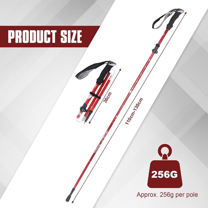 Трекінгові палиці VINATO: телескопічні, розкладні, для чоловіків та жінок, комплект 2 шт. (червоні)