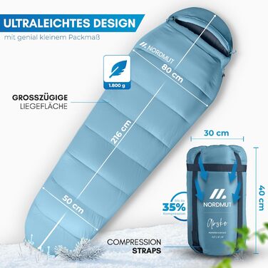 Сплячий мішок NORDMUT® Winter -10°C до 0°C, компресійний, для кемпінгу та трекінгу, 1.8 кг, водовідштовхувальний, 350 GSM (Блакитний)