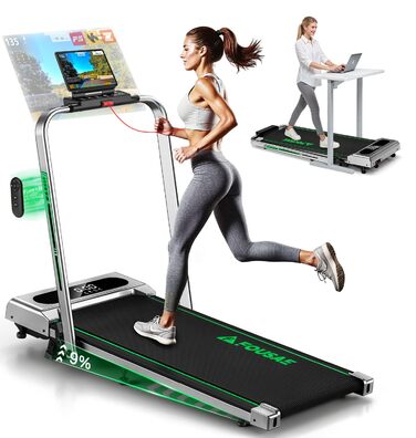 Біговий тренажер для дому 5-в-1, Klappbar Laufband, 12 км/год, 9% нахил, 2.75HP безщітковий мотор, LED-дисплей, сумісність з додатком, 12 програм, подвійна функція (срібно-зелений)