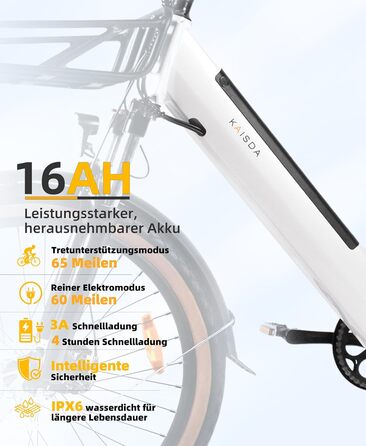 Електровелосипед KAISDA 26'' для жінок, 7-ступенева трансмісія, 36В 16Аг знімний акумулятор, 65 км, 50Нм мотор, біло-синій, для міста та відпочинку