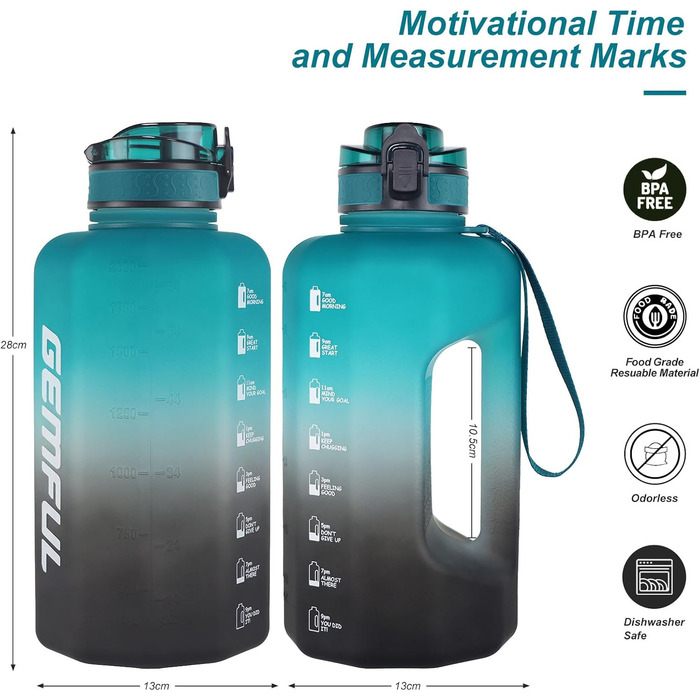 Спортивна пляшка для води GEMFUL 2.2L з ручкою та позначками часу - ідеальна для фітнесу та повсякденного використання (зелений/чорний)