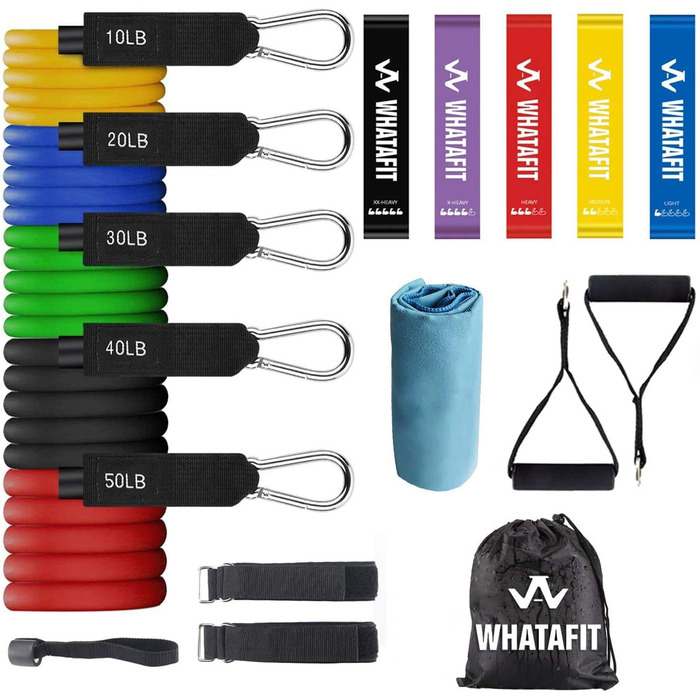 Набір гумових еспандерів WHATAFIT (11 шт.) з анкерами, ручками, сумкою для фітнесу, реабілітації та домашніх тренувань