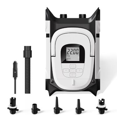 Електричний насос для SUP-дошки 12V DC 22 PSI двоступеневий з автостопом, інфлятор та дефлятор для надувних човнів та каяків, 5 насадок