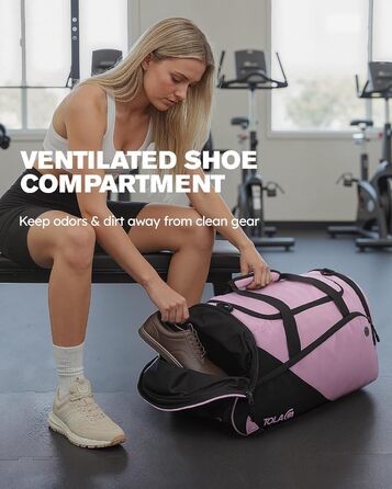 Спортивна сумка Tolaccea для чоловіків та жінок з відділенням для взуття та мокрих речей, рюкзак-дуffel для тренувань, фітнесу, басейну, подорожей (47л, чорно-рожевий)