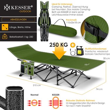 Розкладне ліжко KESSER® для кемпінгу: стабільне металеве ліжко з сумкою, ліхтарем та бічною кишенею, 210 см