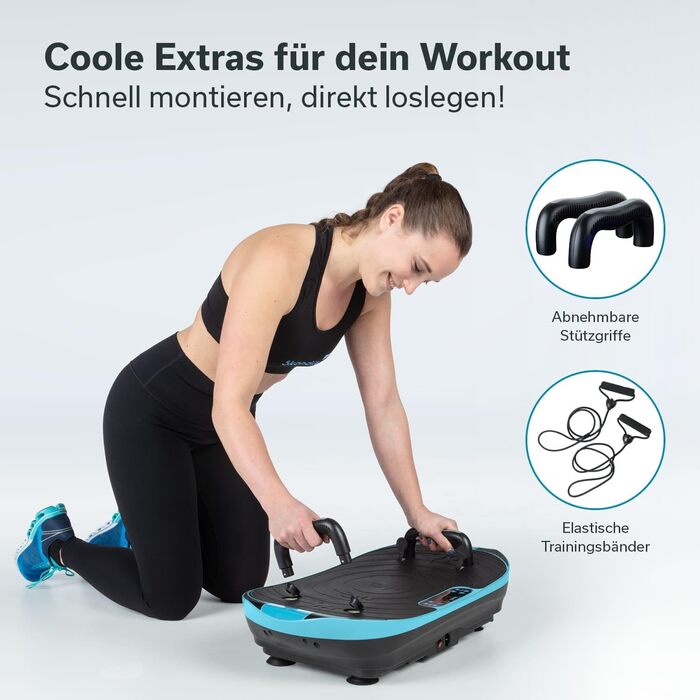 Вібраційна платформа Skandika V2 | Тренувальні ручки та стрічки, Оздоблювальна вібрація, Вигнутий дизайн, Тихий мотор, 99 рівнів, LCD-дисплей | Спортивний комплекс для дому Skandika блакитно-чорний
