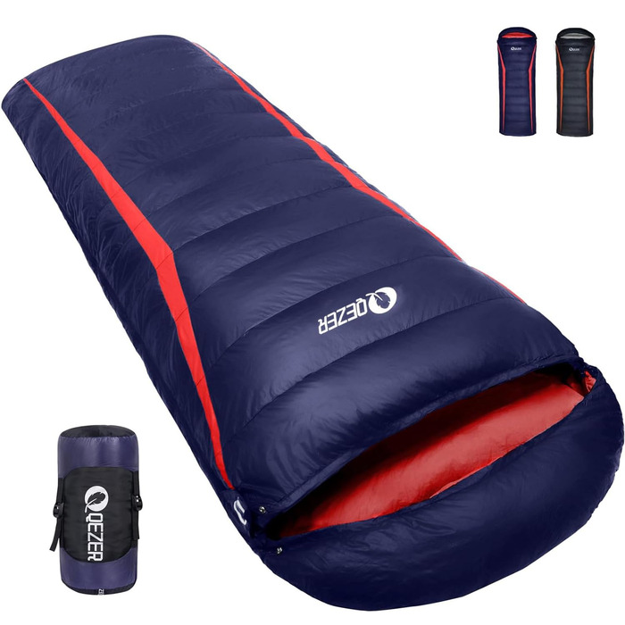 Спальний мішок пуховий, зимовий, преміум-якість 600FP+, 12°C -24°C, для кемпінгу, трекінгу та активного відпочинку, 3-4 сезони, темно-синій/червоний