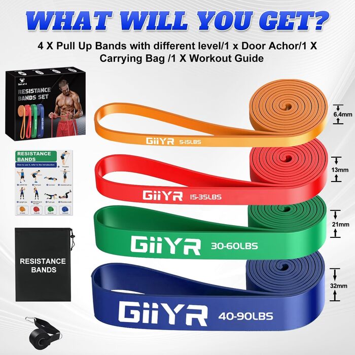 Фітнес-гуми Resistance Bands 4 рівня опору для чоловіків і жінок, набір еспандерів для тренувань, 4 шт. (Помаранчевий/Червоний/Зелений/Синій)
