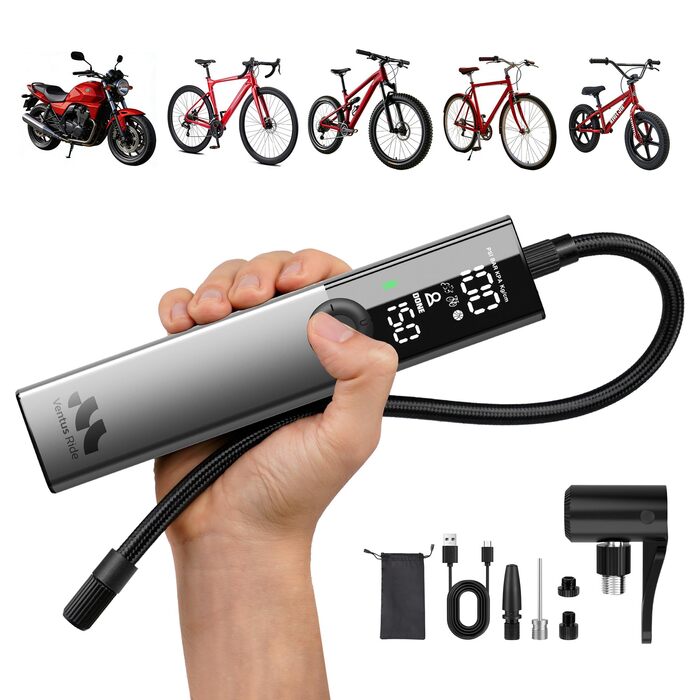 Електрична велосипедна помпа Woowind Ventus Ride: 150 PSI, 10.3 Bar, універсальні клапани (Presta, Schrader, Dunlop)