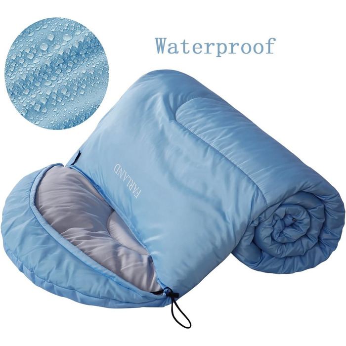 Спальний мішок FARLAND для дорослих, підлітків та дітей, до +6.7°C, 3-4 сезони, водонепроникний, з компресійним мішком, для кемпінгу, походів та рюкзаків, розмір Medium (87'x 29.5'), колір блакитний (R Zip)