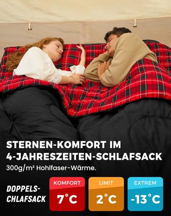 Спальний мішок KingCamp на 2 особи з фланнелю для зими, 3-4 сезони, з подушками, для кемпінгу та відпочинку на природі (чорний)