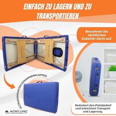 Складний масажний стіл Mobiclinic CM-01 Light 186x60 см, дерев'яний, синій, з підголівником, європейський бренд, портативний стіл для масажу та фізіотерапії