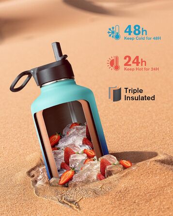Ізольована пляшка для води Coolflask 2L з трубочкою та 3 кришками, з нержавіючої сталі, для спорту та офісу, подвійне вакуумне покриття, без витоку