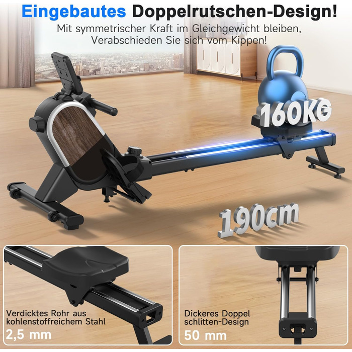 Гребний тренажер CHAOKE для дому, 2026 року, тихий магнітний, сумісний з додатком, 16 рівнів опору, покращені подвійні рейки, витримує до 160 кг (колір: коричневий)