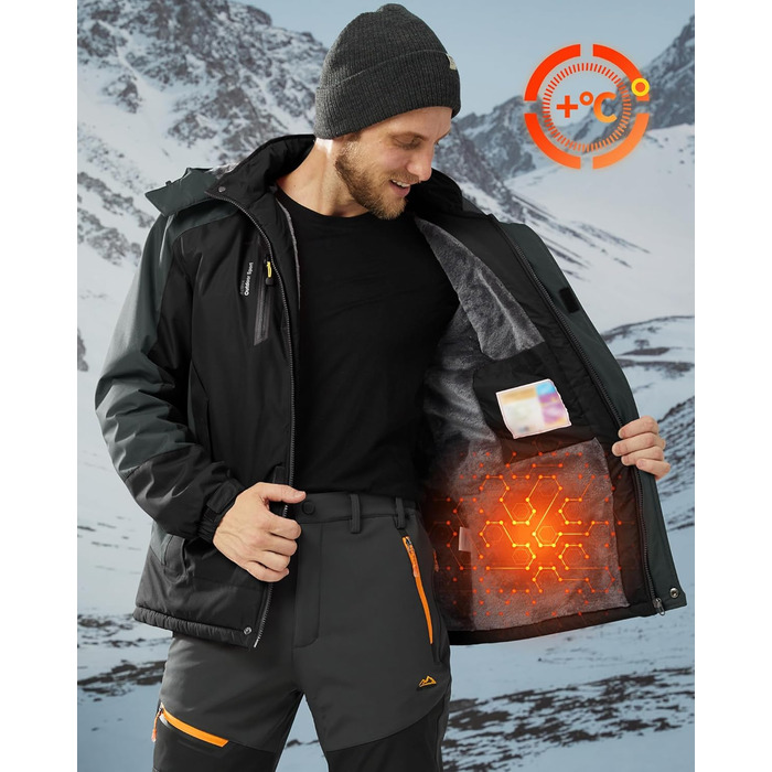 Зимова куртка KEFITEVD для чоловіків: водонепроникна, тепла, з відстібаною капюшоном, флісова куртка Softshell, чорно-сірий (S)