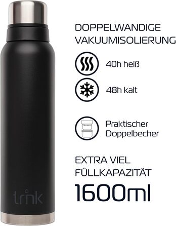 Термос trnk Outdoor Polar 2, 1600 мл, нержавіюча сталь, BPA-free, тримає тепло 40 годин, 2 чашки, чорний матовий