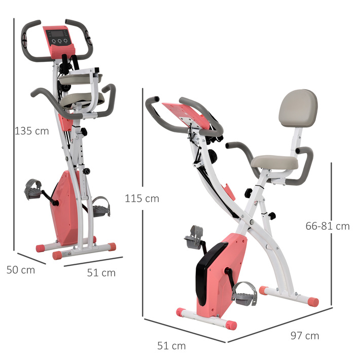Велотренажер HOMCOM X-Bike 2-в-1 з LCD-дисплеєм, датчиком пульсу, складаний, з 8 рівнями магнітного опору, 1 пара еластичних шнурів, сталевий, рожевий, розмір 105x48x118 см