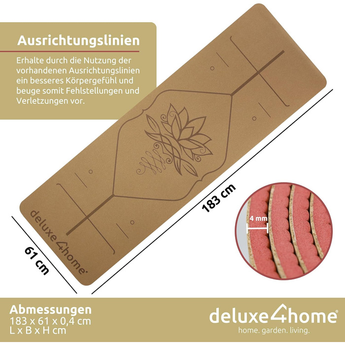 Йога мат для фітнесу Deluxe4Home® з корку, TPE, з ручкою для перенесення, з лінійками для вирівнювання, червоний