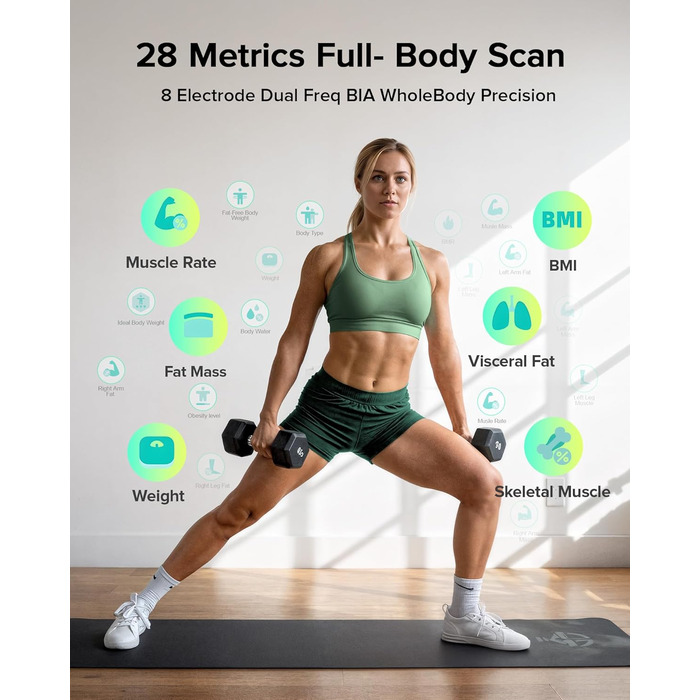 Вага RunSTAR для вимірювання жиру в тілі, персональна вага з 8 електродами, вимірювання ваги, жиру, BMI, м'язової маси та 28 параметрів тіла, додаток, 3 показники, 180 кг, чорний колір