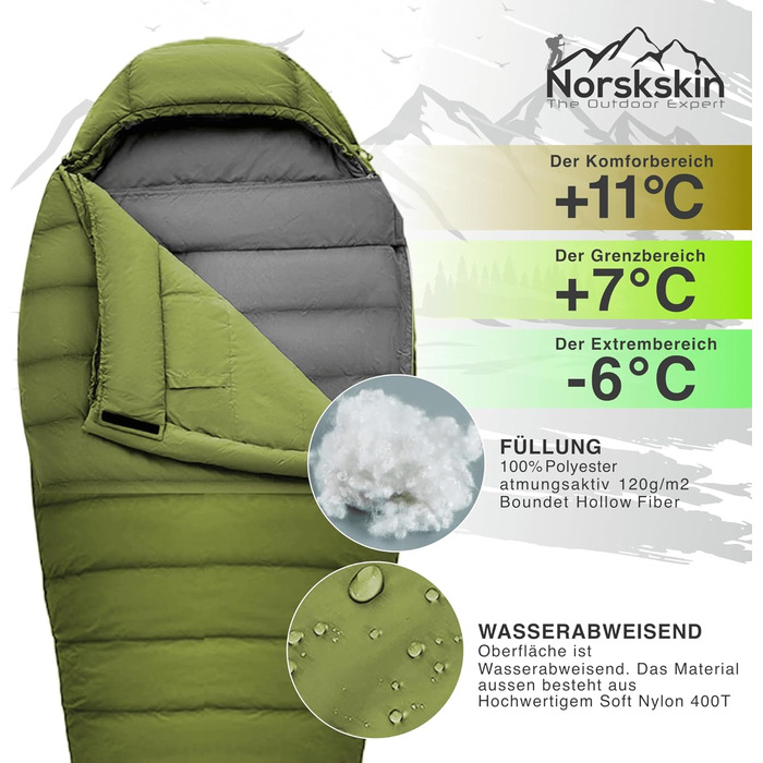 Спальний мішок Mumienschlafsack Norskskin Ultralight 220 Grün (-6°C) екстремальний, з'єднуваний, з відділенням для подушки, лівосторонній блискавка