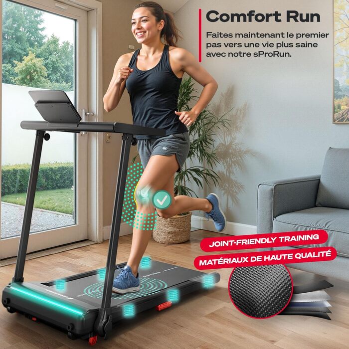 Біговий тренажер Sportstech sProRun: складаний, до 12 км/год, 120 кг, з підставкою для планшета, Bluetooth, LED, нахил 9%
