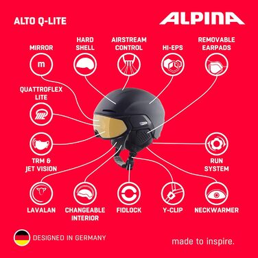 Гірськолижний шолом Alpina Alto Q-Lite з візором, чорний матовий (золоте дзеркало), 59-63 см, для дорослих, ударопоглинаючий, регульований, преміум-якість