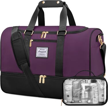 Спортивна сумка LOVEVOOK для подорожей: 37L, з культ. сумкою, відділенням для взуття та мокрих речей. Ідеальна для спортзалу, йоги, подорожей та авіаперельотів. Чорно-фіолетовий колір.