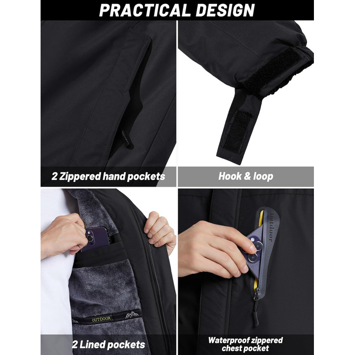 TACVASEN Чоловіча тепла зимова куртка з капюшоном, водонепроникна, чорна