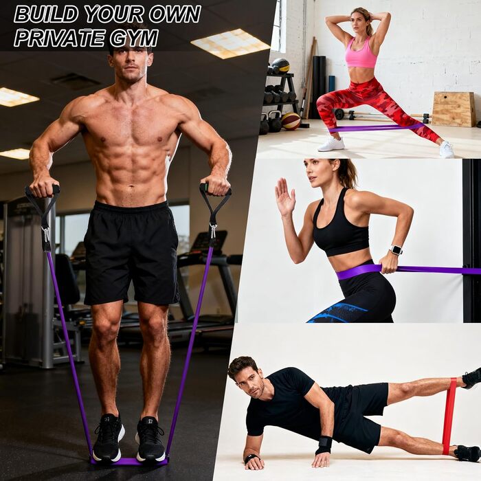 Фітнес гумки WuGU, набір з 4 рівнями опору, еластичні гумки для фітнесу, силових тренувань, йоги та пілатесу (фіолетовий, чорний, червоний, жовтий)