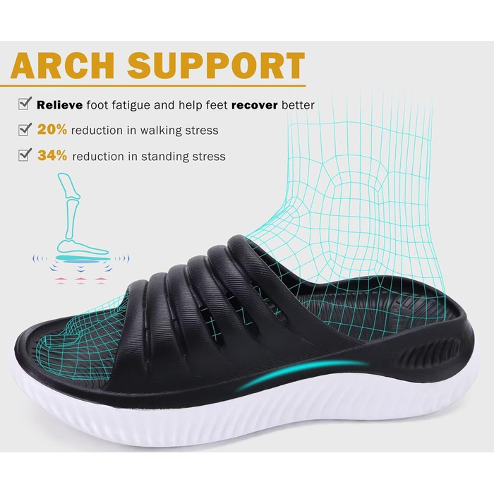 Ортопедичні відновлювальні сандалії KuaiLu для жінок, легкі спортивні шльопанці при плантарному фасциїті, розвантаження суглобів та спини, розмір 43 EU, чорно-білі