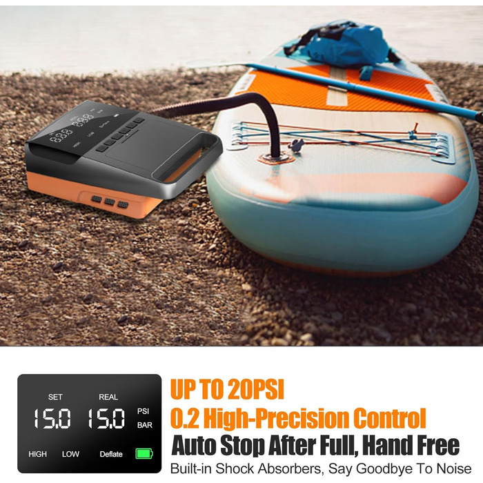Електрична SUP-насос 13500mAh SUP Pumpe: 20 PSI, 12V DC, Автоматичне вимкнення, 6 насадок для SUP-дошок, матраців, каяків та човнів (Оранжевий)